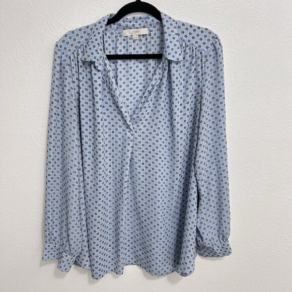 Loft Blouse Popover Light Blue Striped Dots Long Sleeve Shirt Top V Neck Size XL - Picture 3 of 11